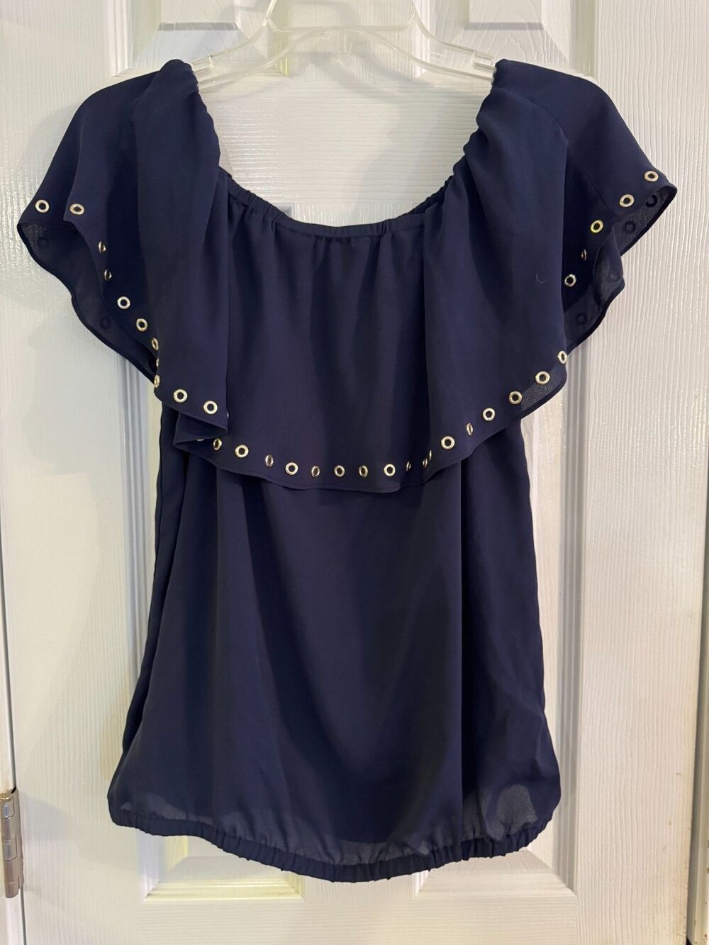 Michael Kors Navy Blue Flouncy Top Sz M Women Short Sleeves Gold Accents Blouse - Picture 6 of 11